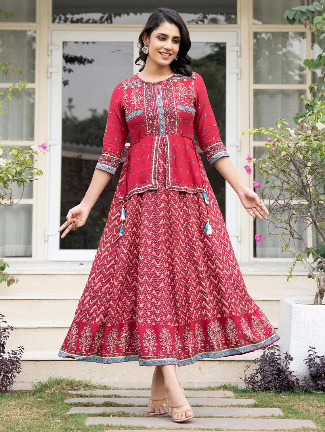 women pink printed key hole neck layered dress