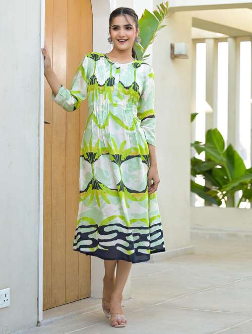 women green printed round neck a-line dress - 21679194 - Standard Image - 0
