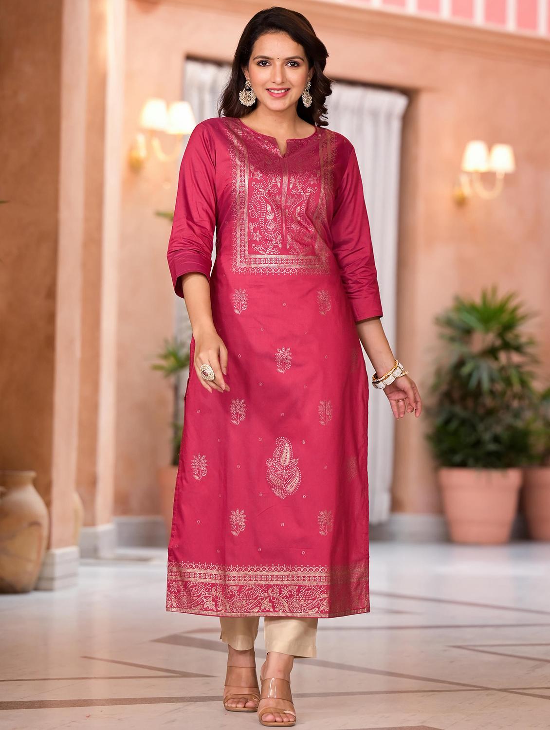 women foil print three quater sleeves straight kurta