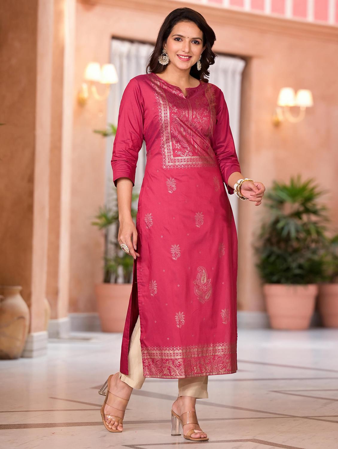 women foil print three quater sleeves straight kurta - 21679224 - Standard Image - 2