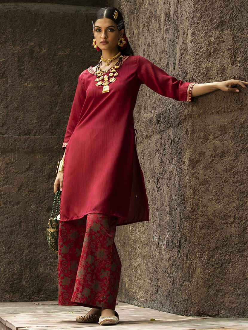 women maroon solid round neck kurta palazzo set - 21679276 - Standard Image - 2