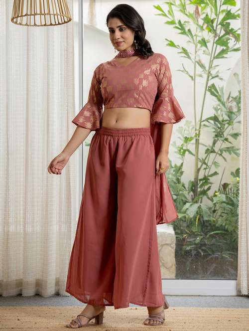 women peach sequin work v neck fusion set - 21679283 -  Standard Image - 0