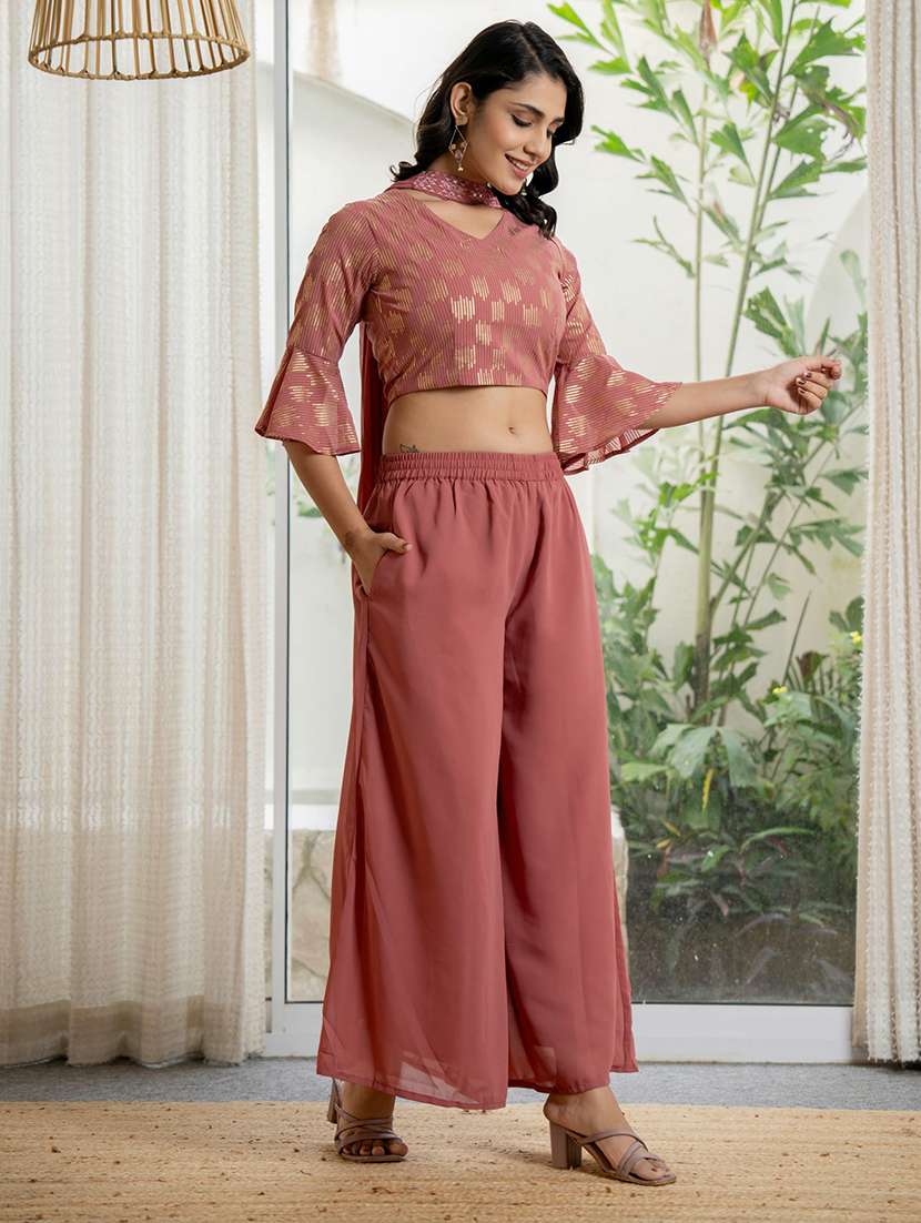 women peach sequin work v neck fusion set - 21679283 - Standard Image - 2