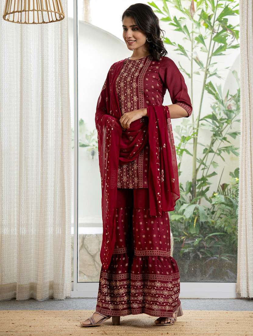 women embroidered kurta sharara set with dupatta - 21679287 -  Standard Image - 2