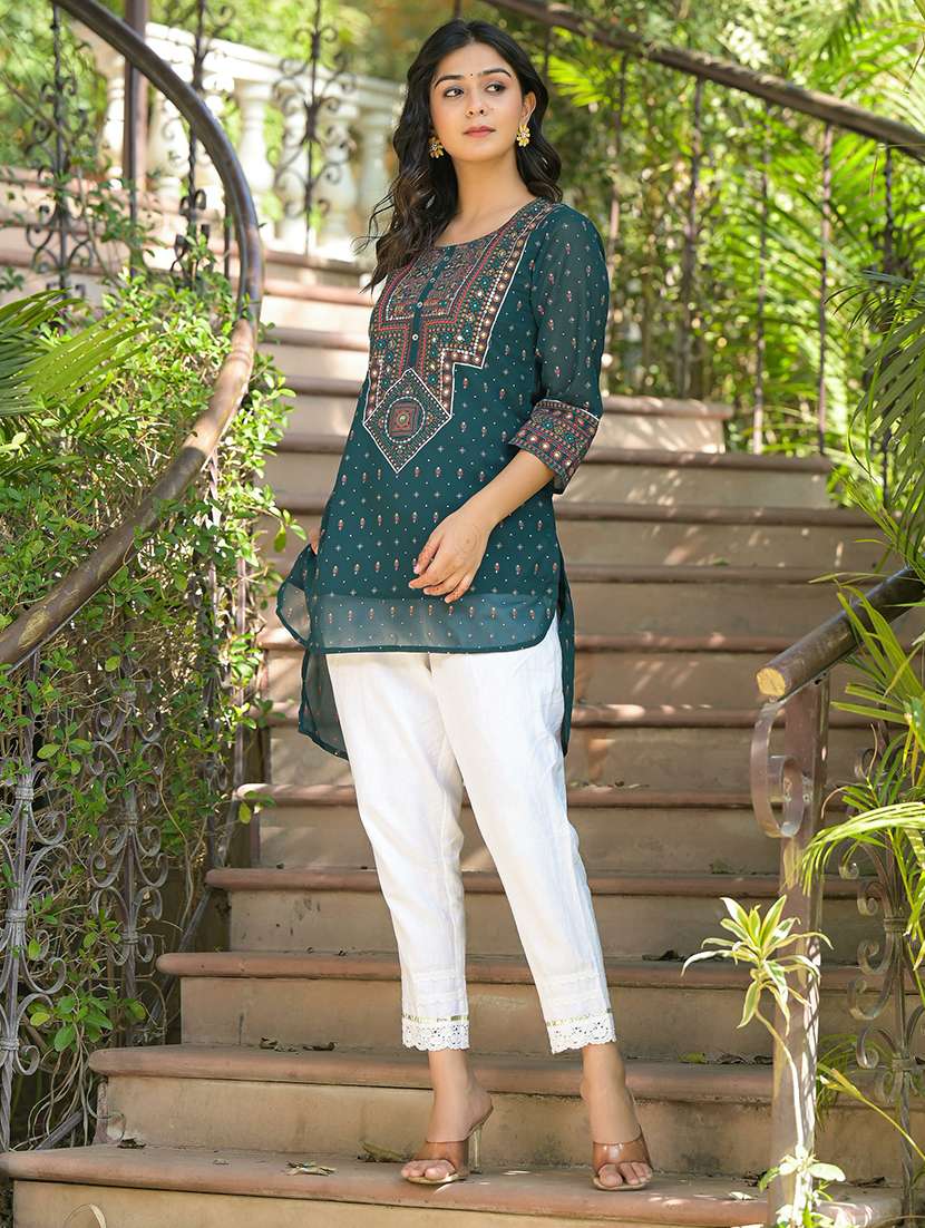 women green printed round neck high-low kurti - 21679306 - Standard Image - 2
