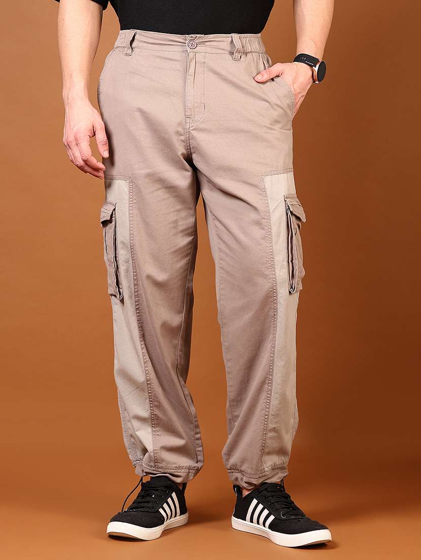 men beige color block high rise cargo