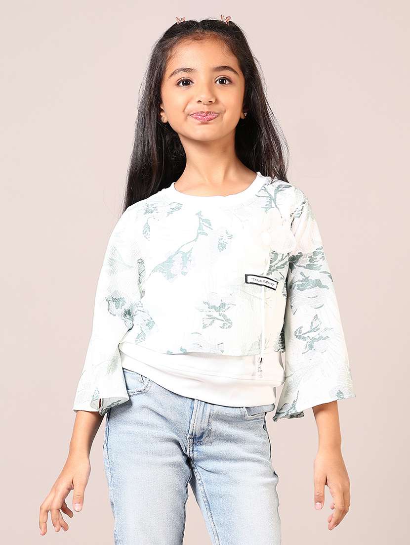 girls white printed round neck top