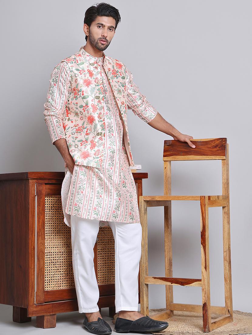 men floral printed mandarin neck kurta jacket set