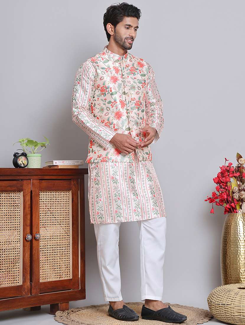 men floral printed mandarin neck kurta jacket set - 21679973 -  Standard Image - 2