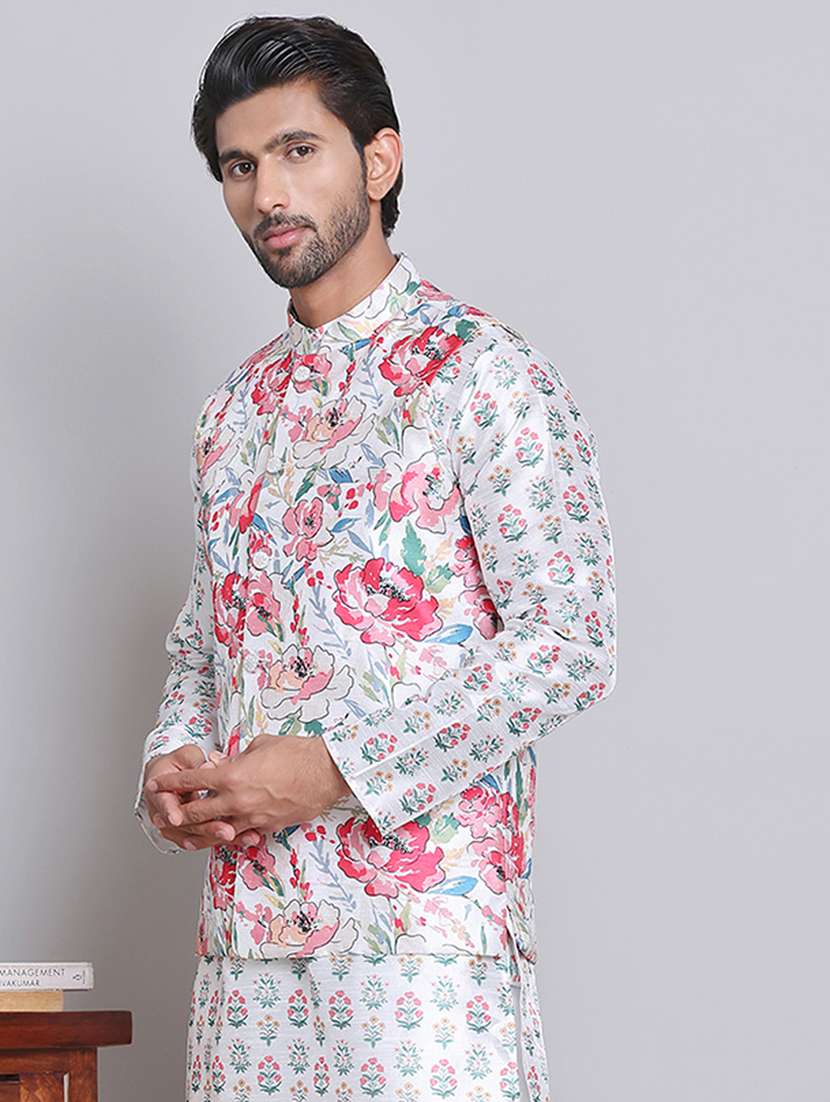men white floral printed nehru jacket