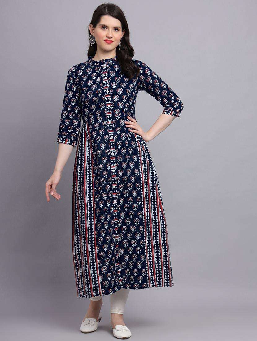 women navy blue printed three quarter sleeve a-line kurta