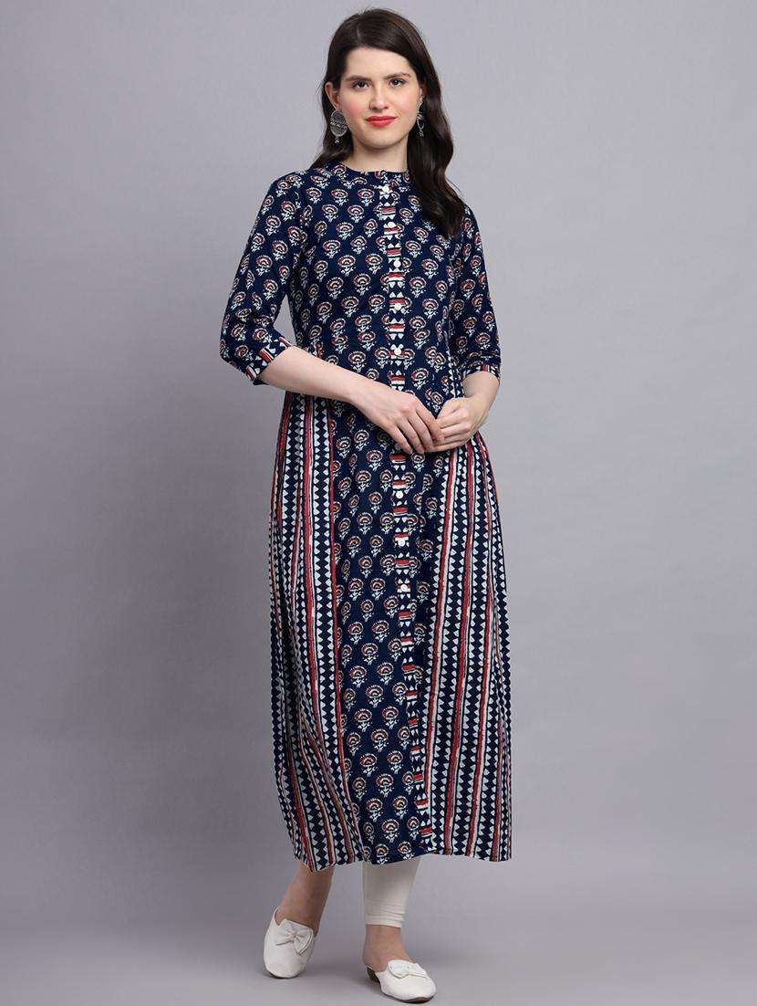 women navy blue printed three quarter sleeve a-line kurta - 21680171 -  Standard Image - 2