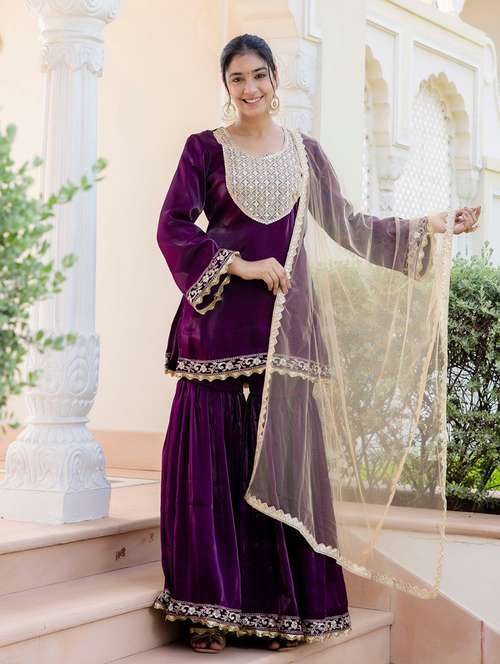 women embroidered kurta sharara set with dupatta - 21680207 -  Standard Image - 0