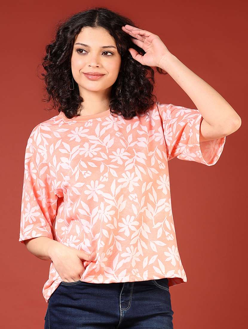 women printed drop shoulder relaxed fit t-shirt