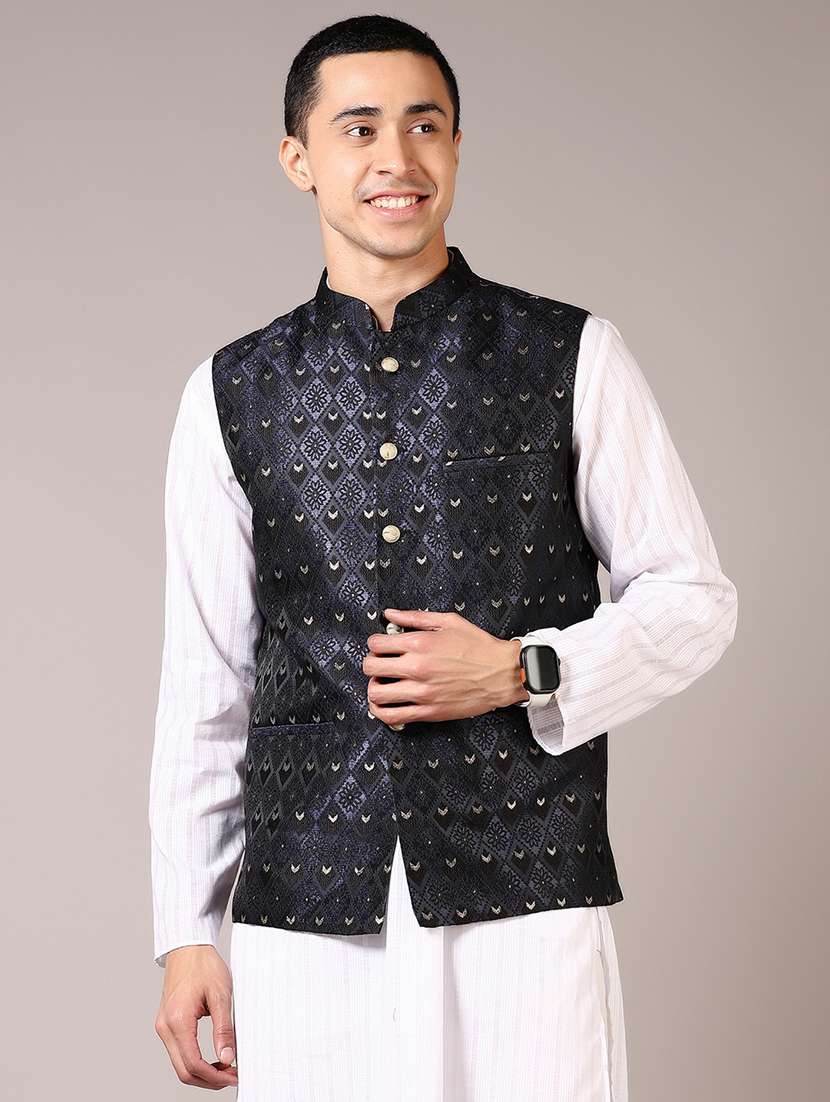 men self designed mandarin neck nehru jacket