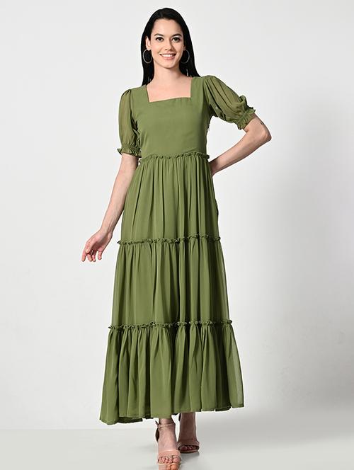 women olive solid puff sleeve tiered dress - 21681187 - Standard Image - 0