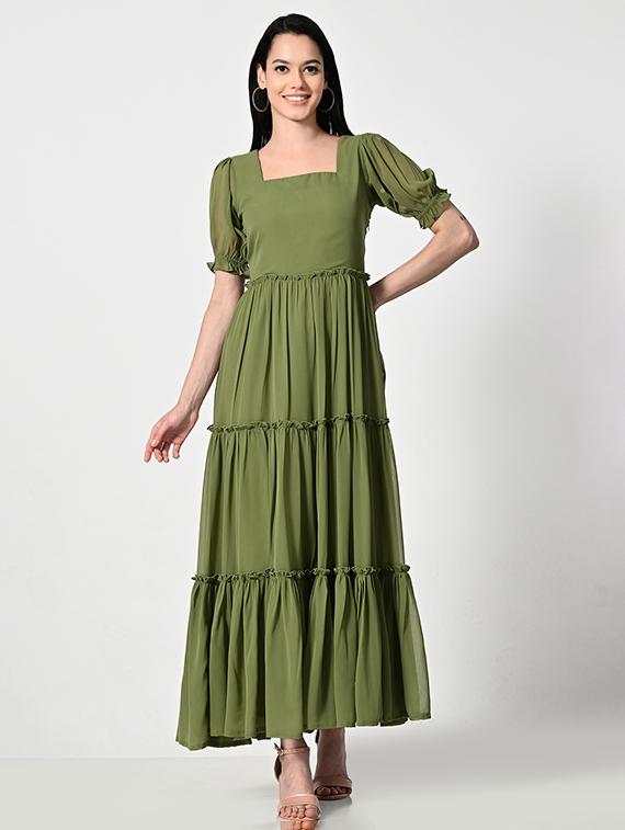 women olive solid puff sleeve tiered dress - 21681187 - Zoom Image - 0
