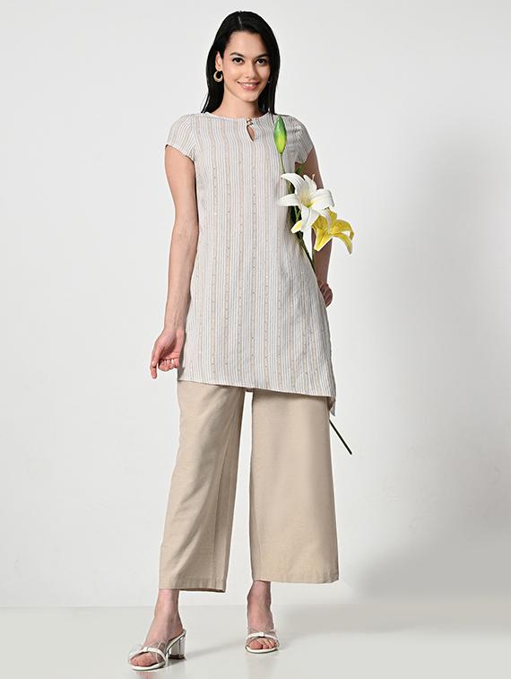 women beige striped short sleeve asymmetric kurta - 21681364 - Zoom Image - 0
