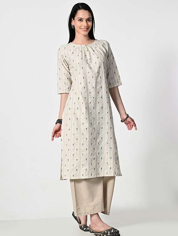women cream three quarter sleeve straight kurta - 21681366 -  Standard Image - 2