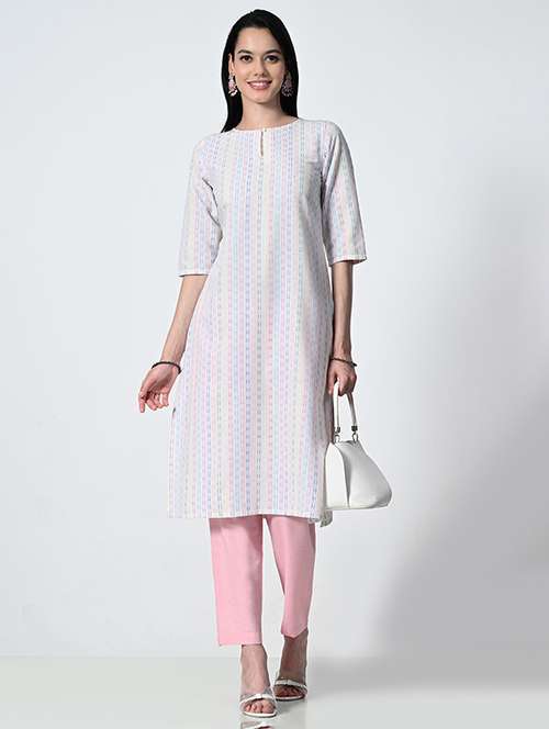 women self design three quarter sleeve straight kurta - 21681368 - Standard Image - 0