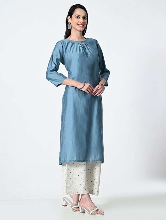 women solid three quarter sleeve straight kurta - 21681369 -  Standard Image - 2