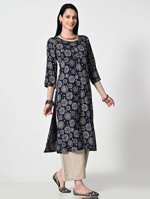 women navy blue three quarter sleeve straight kurta - 21681373 -  Standard Image - 2
