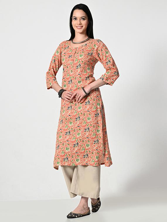 women printed three quarter sleeve a-line kurta - 21681374 - Standard Image - 2