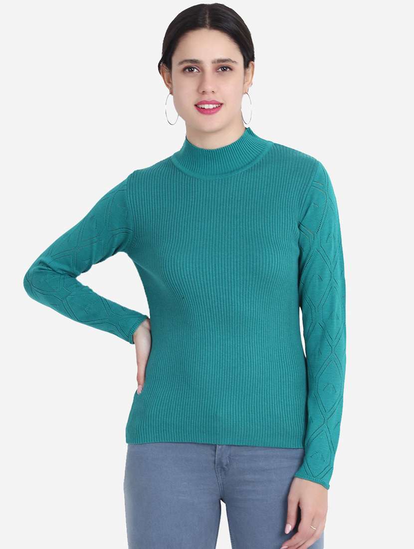 women solid mock neck long sleeve pullover