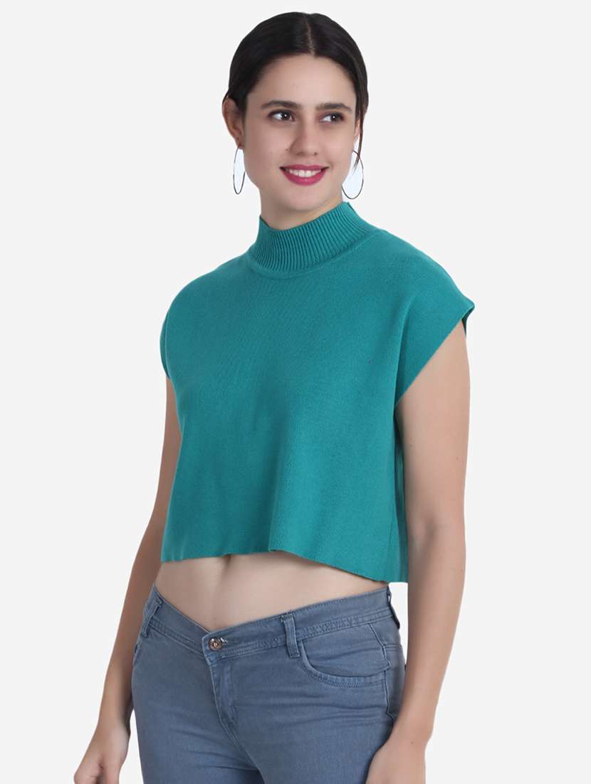 women turquoise solid crop top - 21681881 - Standard Image - 2