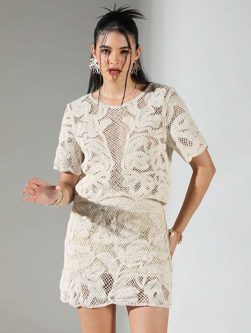 women schiffli detailed top and skirt co-ord set