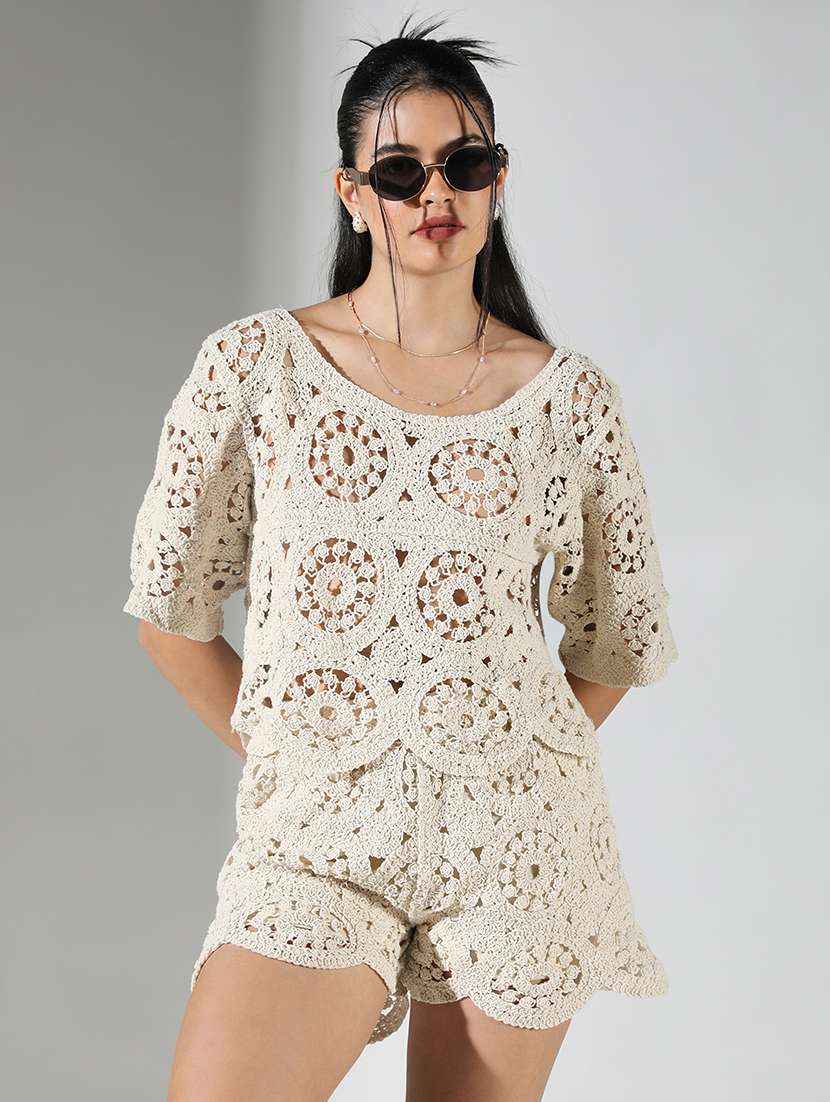 women schiffli detailed top and short co-ord set