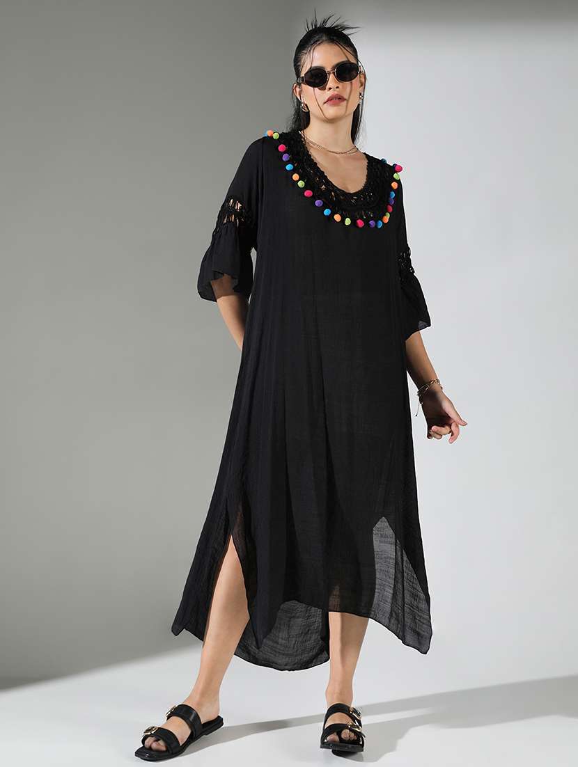 women solid lace detailed asymmetric dress