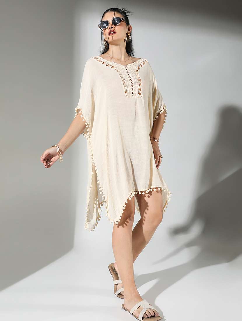 women cream solid round neck kaftan dress