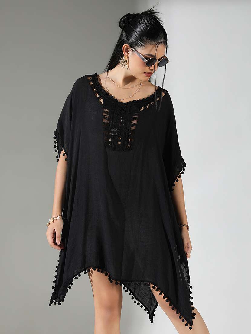 women black solid round neck kaftan dress - 21682050 -  Standard Image - 2