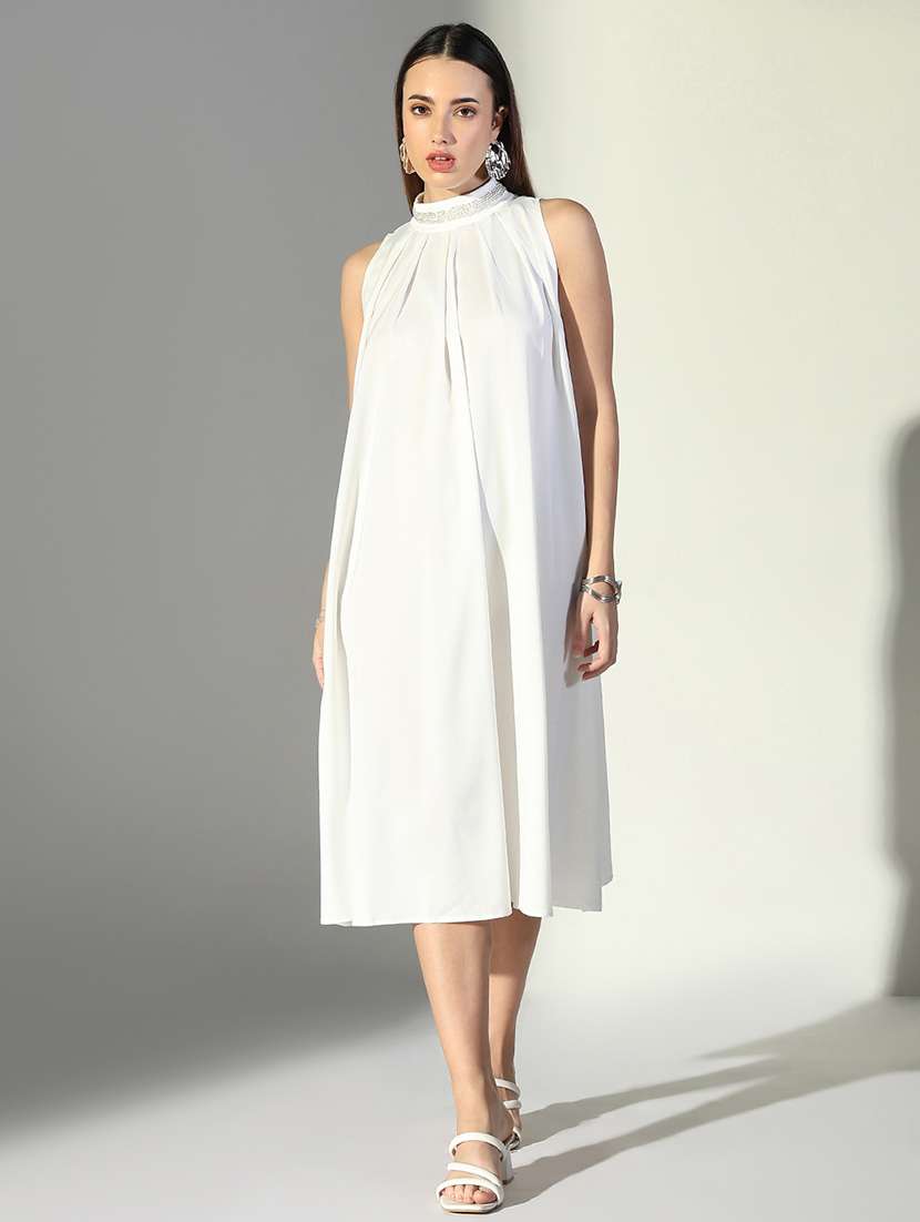 women white solid sleeveless a-line dress - 21682061 -  Zoom Image - 0