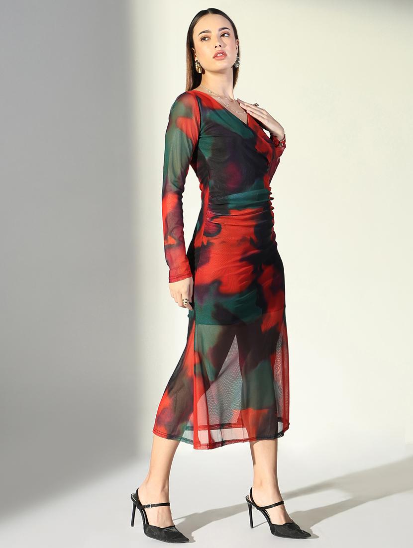 women abstract printed v neck bodycon dress - 21682062 - Standard Image - 2