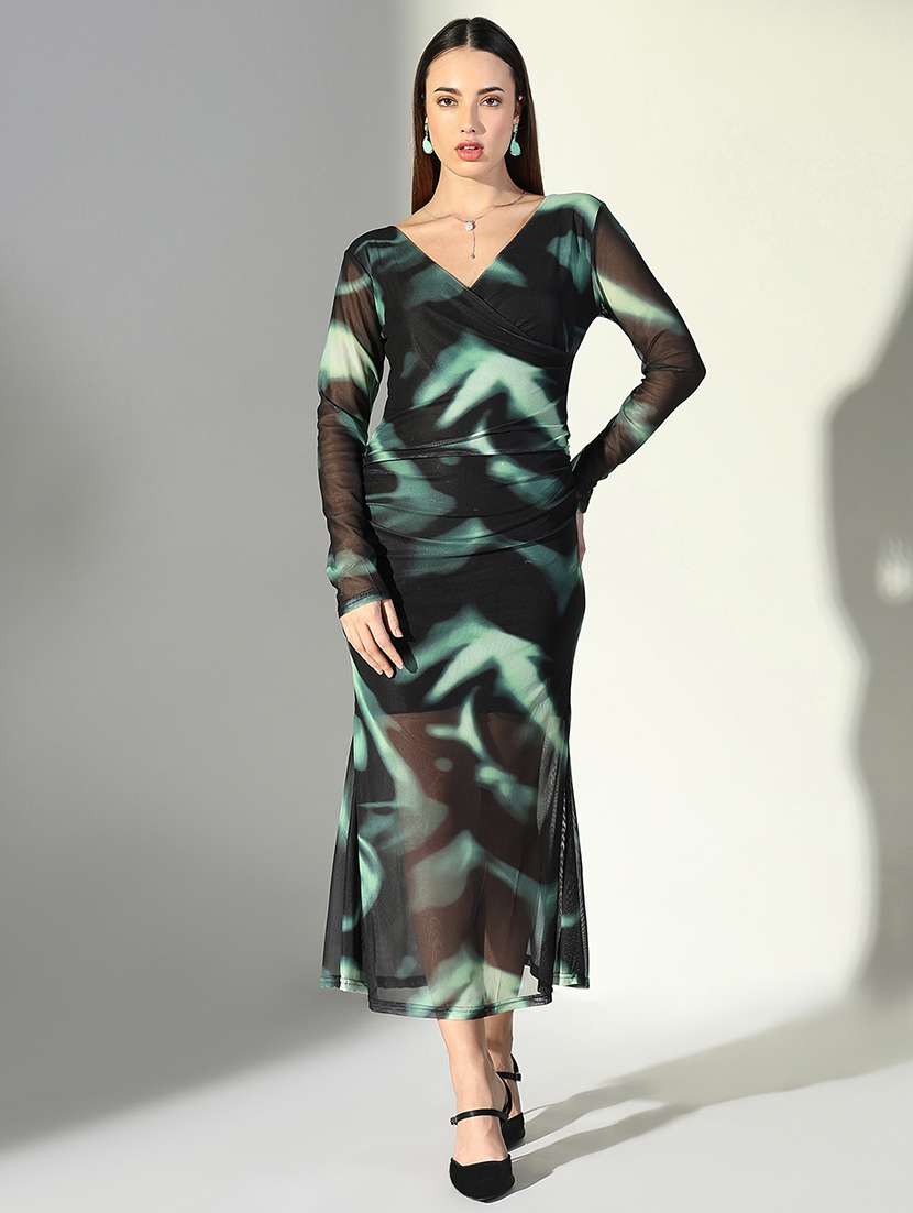 women abstract printed v neck bodycon dress