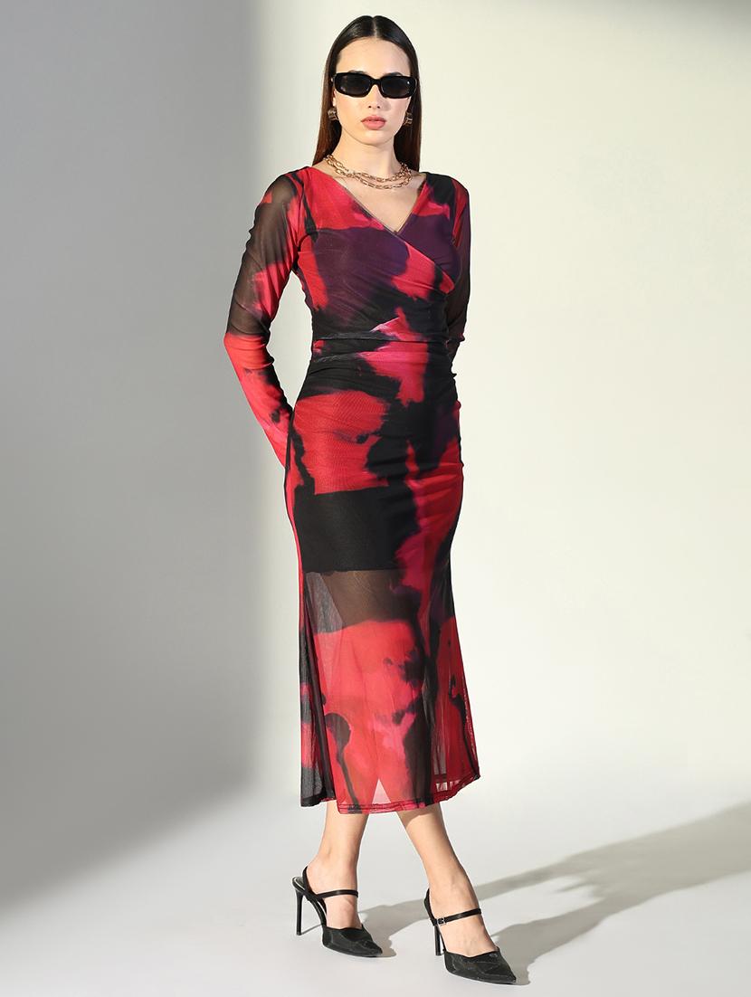 women abstract printed v neck bodycon dress - 21682064 - Standard Image - 2