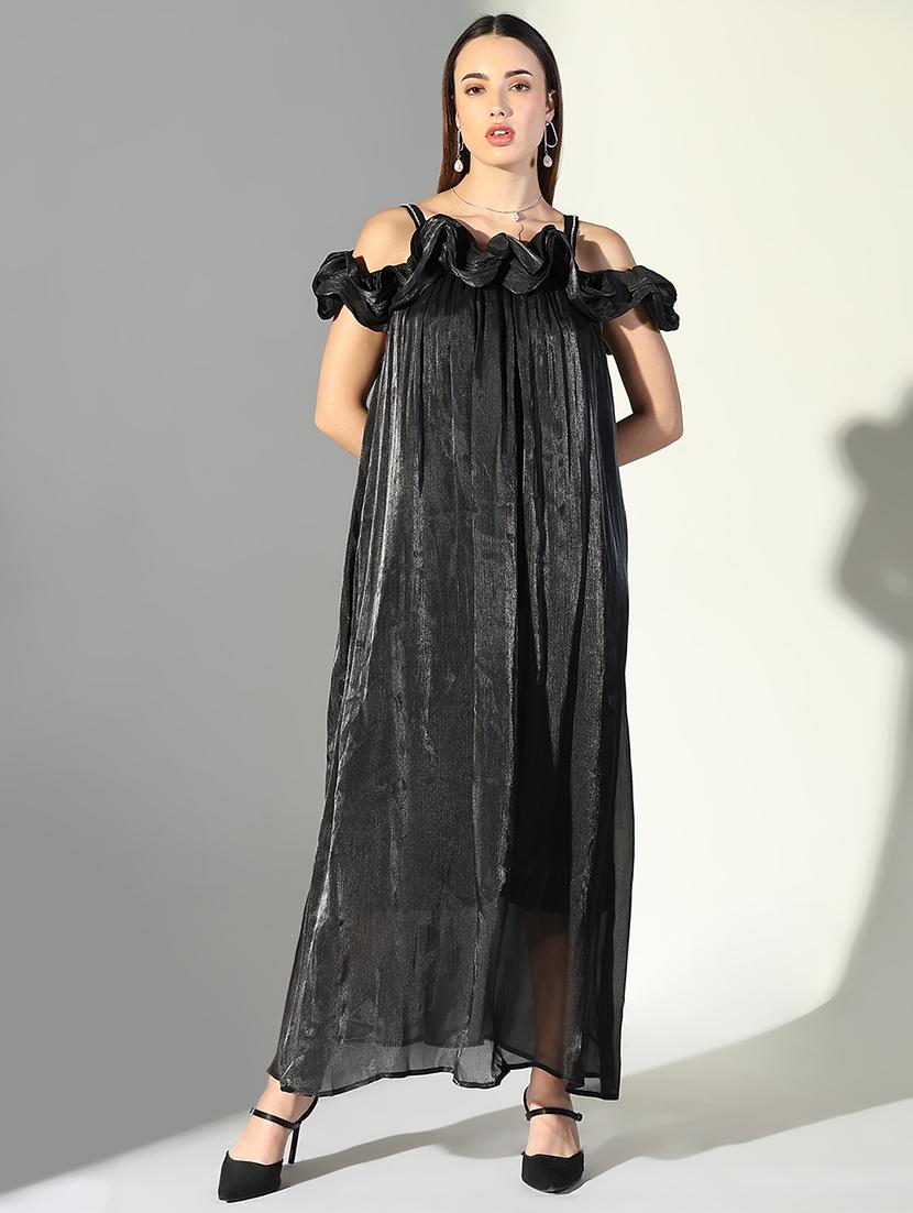 women solid shoulder strap neck a-line dress - 21682079 -  Zoom Image - 0