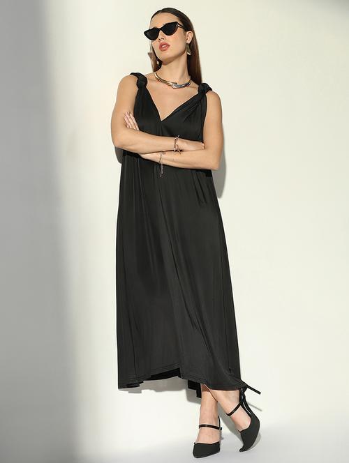 women black solid v neck a-line dress - 21682081 -  Standard Image - 0