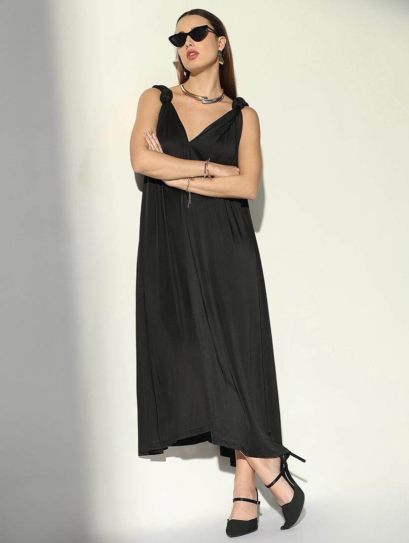 women black solid v neck a-line dress - 21682081 -  Zoom Image - 0