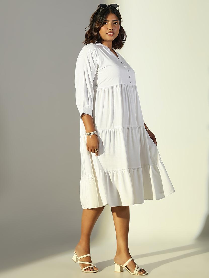 women solid mandarin neck tiered dress - 21682095 - Standard Image - 2