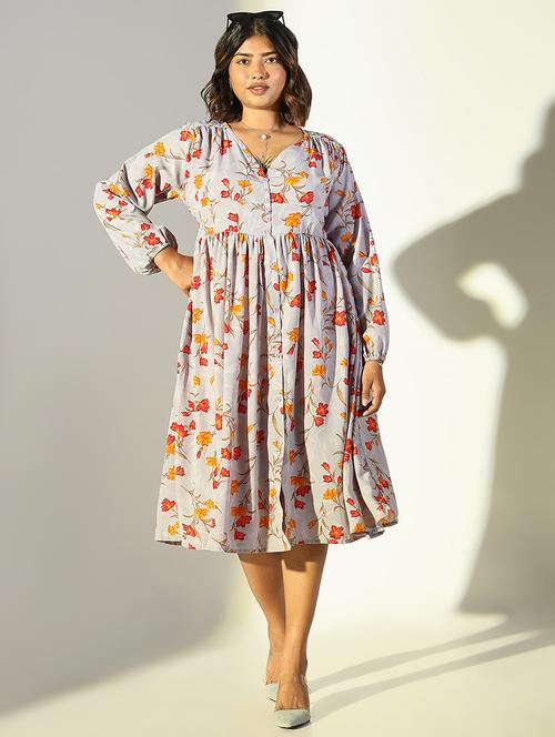 women grey floral fit & flare puff sleeve dress - 21682103 - Standard Image - 0