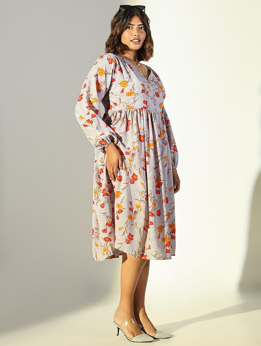 women grey floral fit & flare puff sleeve dress - 21682103 - Standard Image - 2