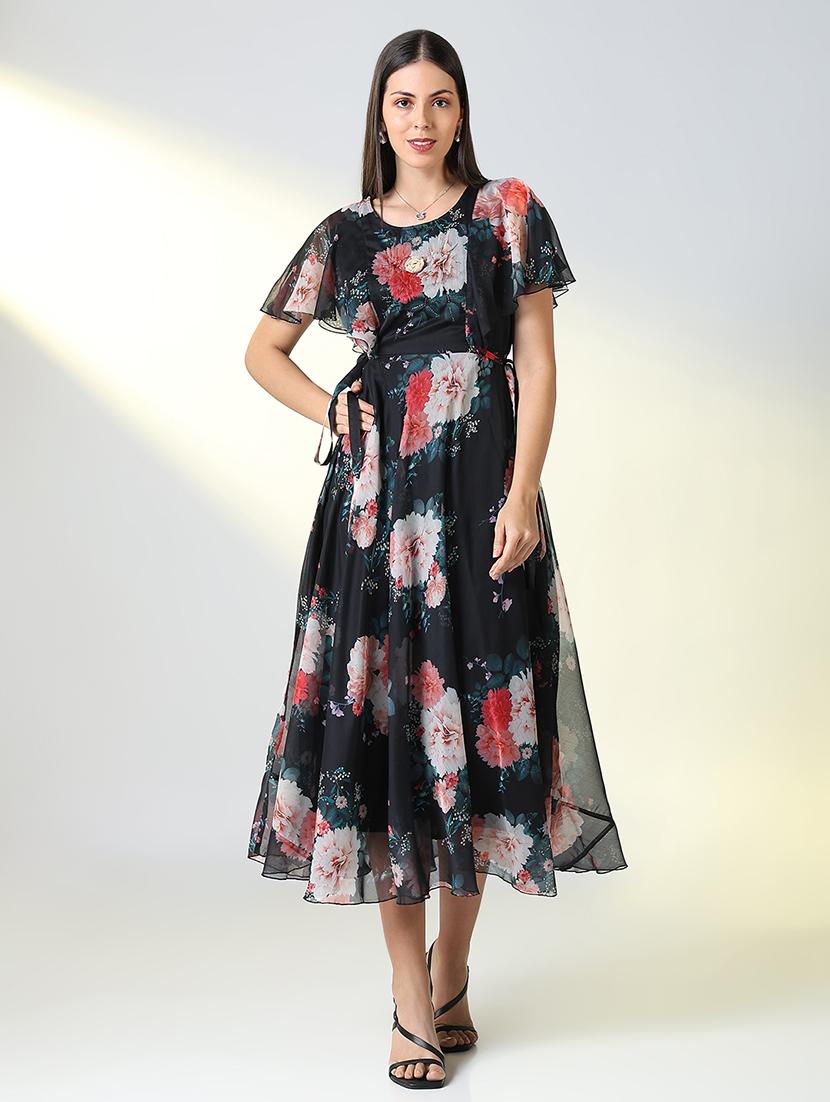 women black floral printed a-line dress - 21682119 - Zoom Image - 0
