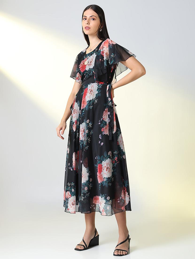 women black floral printed a-line dress - 21682119 - Standard Image - 2
