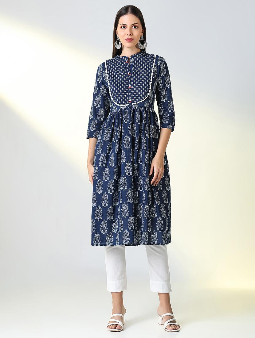 women blue printed three quarter sleeve flared kurta - 21682133 -  Zoom Image - 0