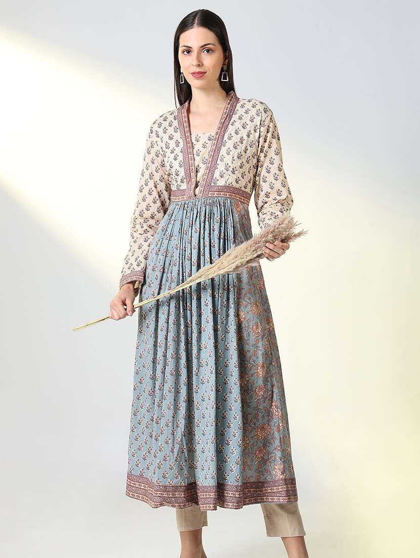 women light blue printed long sleeve flared kurta