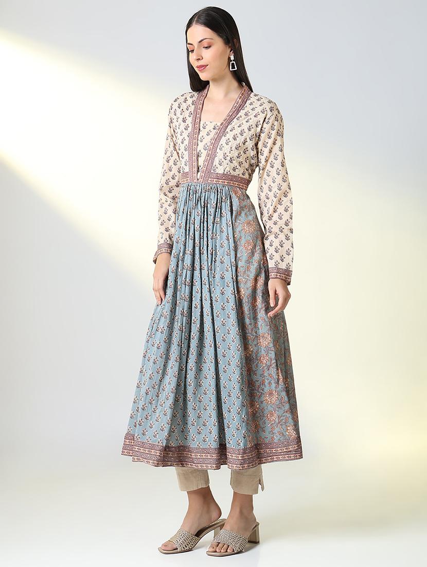 women light blue printed long sleeve flared kurta - 21682134 - Standard Image - 2