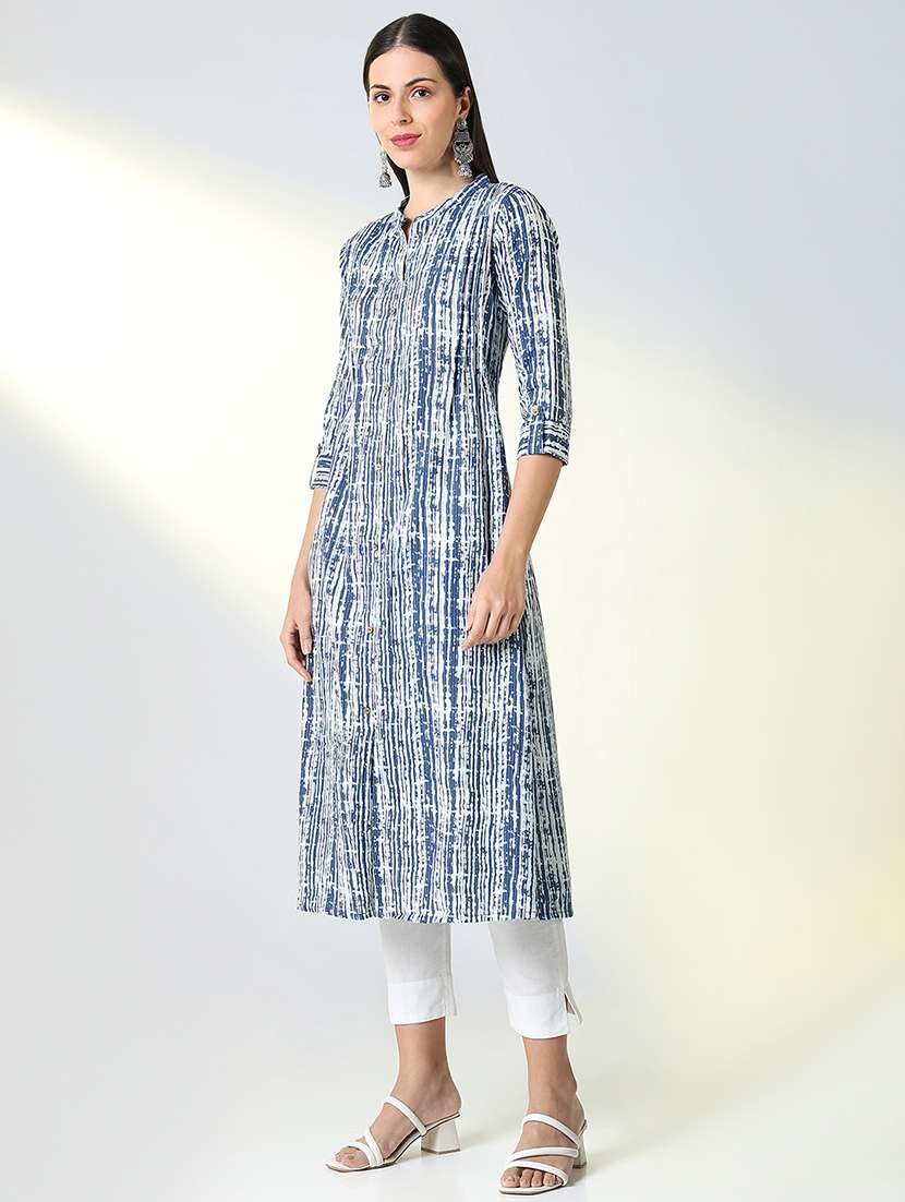 women blue printed mandarin neck a-line kurta - 21682135 -  Standard Image - 2